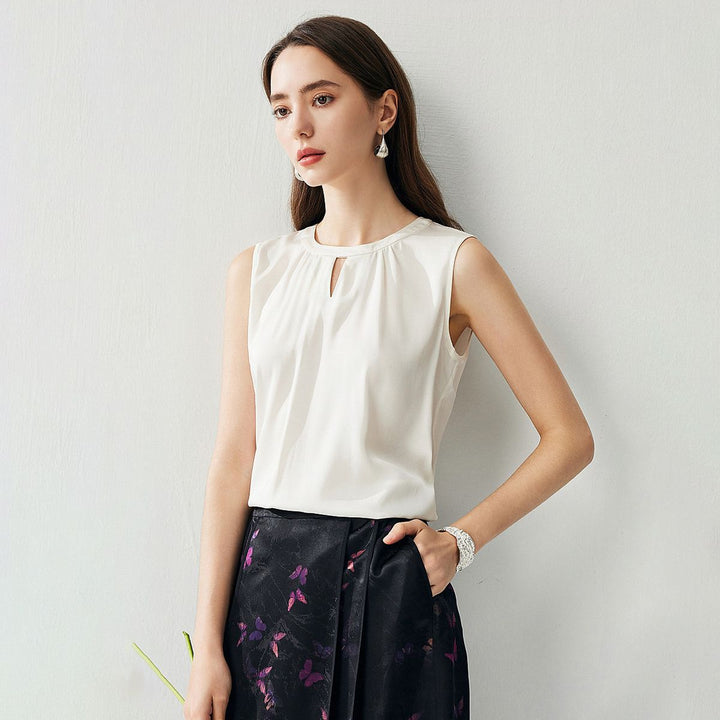 Round Keyhole Neck Sleeveless Mulberry Silk Tank Top for Women