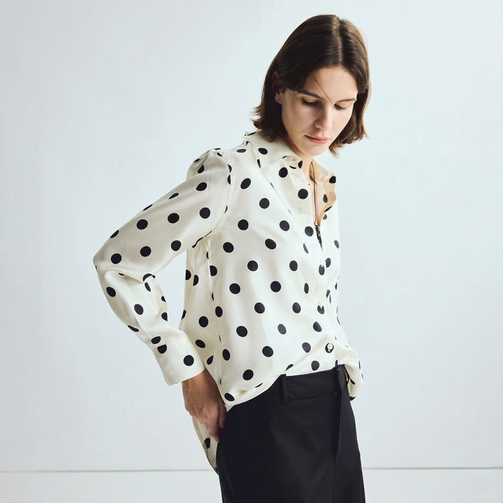 Women’s Polka Dots Printed Long Sleeve Button-Down Mulberry Silk Blouse Shirt