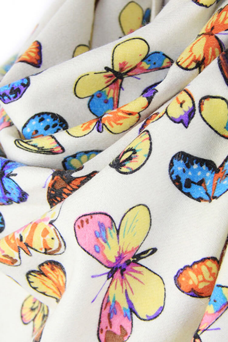 Butterfly Print 100% Cashmere Wrap Scarf with Fringe