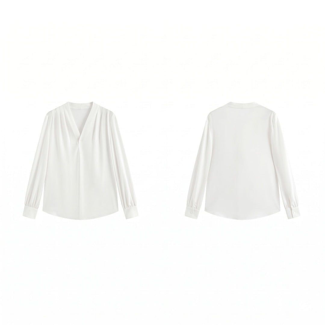 22 Momme Women's V-Neck Draped Front Long Sleeve Silk Blouse