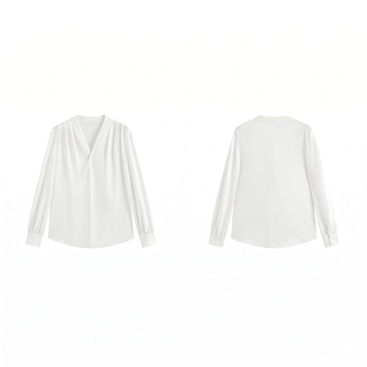 22 Momme Women's V-Neck Draped Front Long Sleeve Silk Blouse