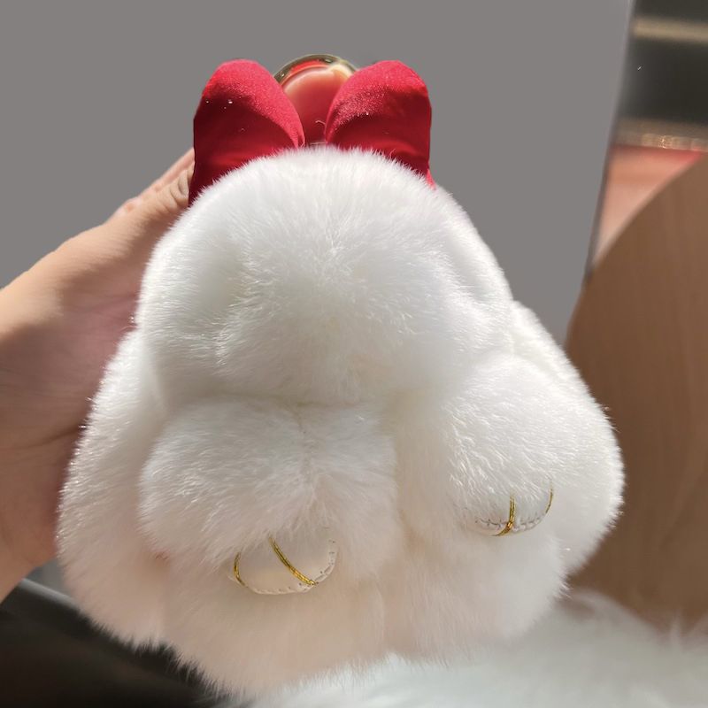 Real Rex Rabbit Fur Bunny Keychain Ultra-Soft Lop Eared Rabbit Key Ring with Bow