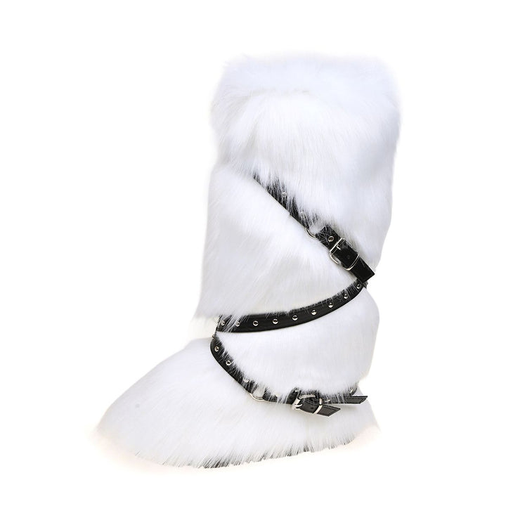 Womens Faux Fur Boot Winter Fluffy Long Furry Boots for Girls Outdoor Fuzzy Knee-High Sexy Snow Boots with Cross Straps and Buckle