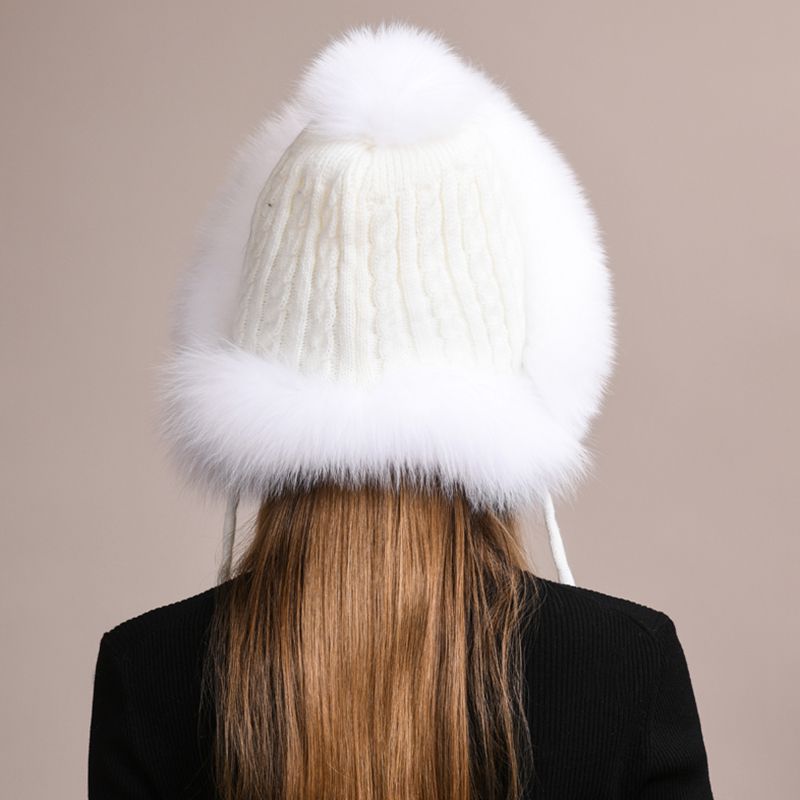 Luxury Real Fox Fur Pom Pom Hat Women Winter Knitted Trapper Hat with Full Fur Trim