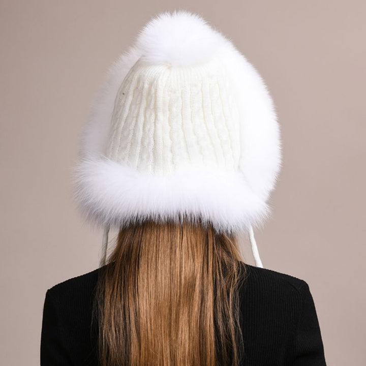 Luxury Real Fox Fur Pom Pom Hat Women Winter Knitted Trapper Hat with Full Fur Trim