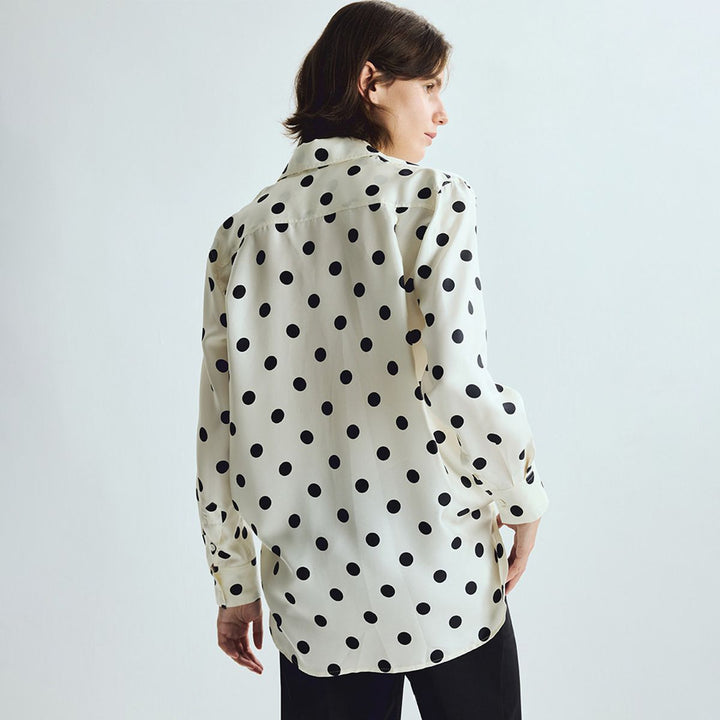 Women’s Polka Dots Printed Long Sleeve Button-Down Mulberry Silk Blouse Shirt