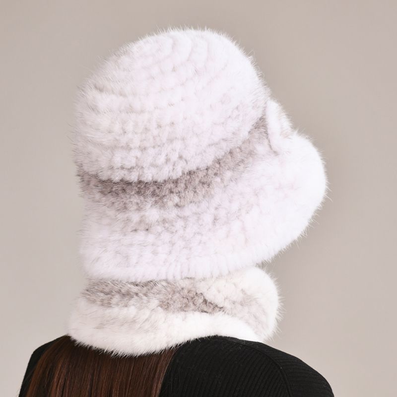 Luxury Mink Fur Hat and Scarf Set for Women Elegant Winter Bucket Hat with Matching Fur Neck Pom-Pom Warmer