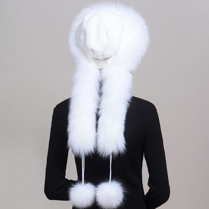Luxury Winter Fox Fur Trapper Hat Women Pom Pom Fur Ushanka with Tail Scarf