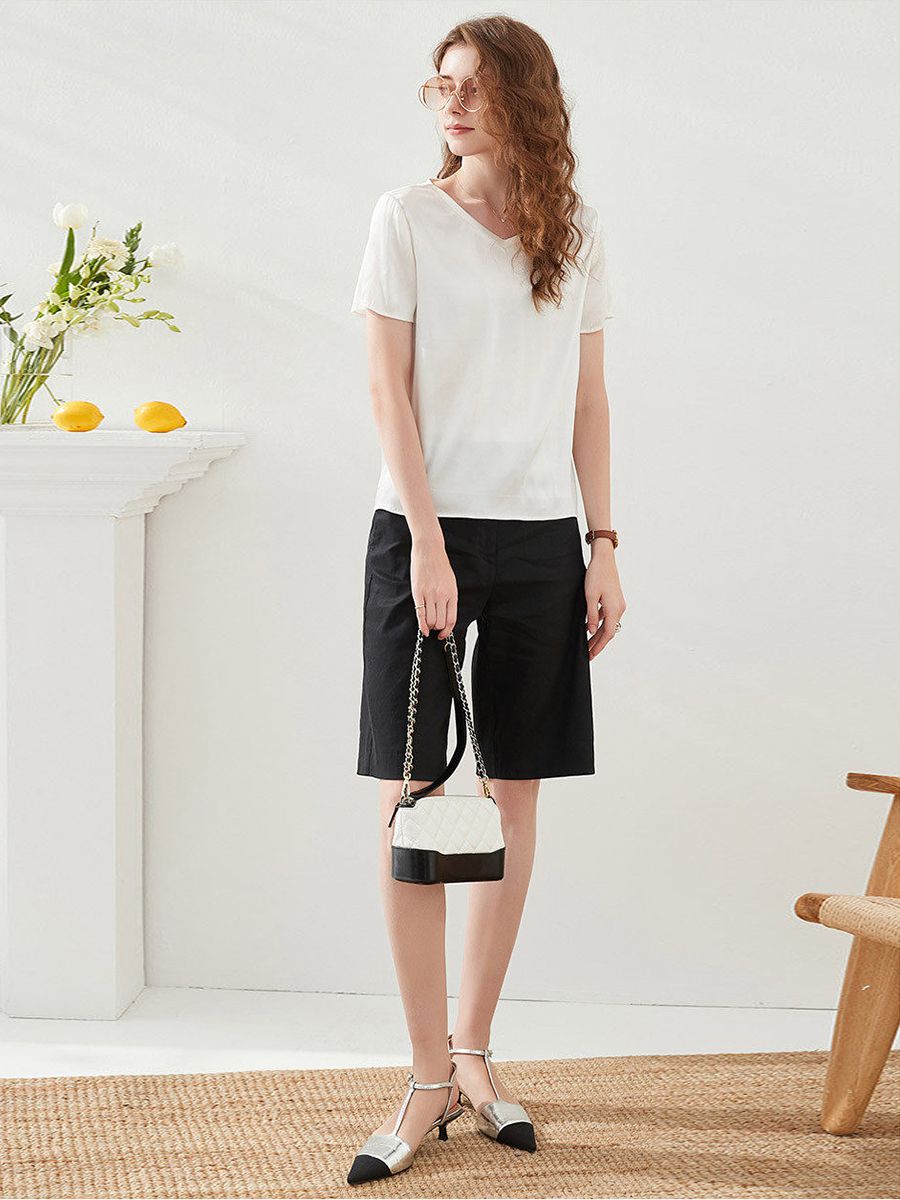 22 Momme Basic V-Neck Pure Mulberry Silk Short Sleeve T-Shirt