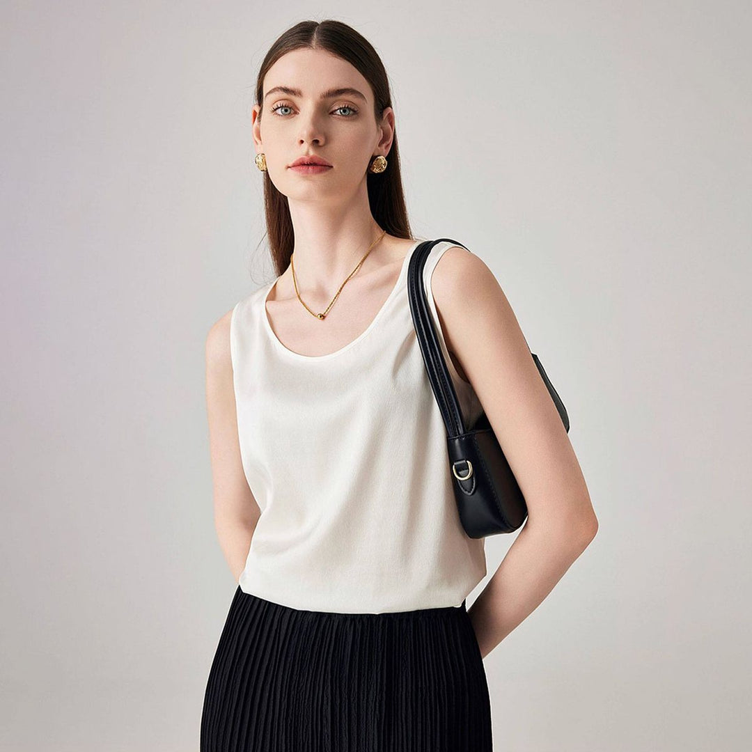 Pure Mulberry Silk Tank Top with Sheer Patchwork Hem Elegant Sleeveless Silk Shell Blouse