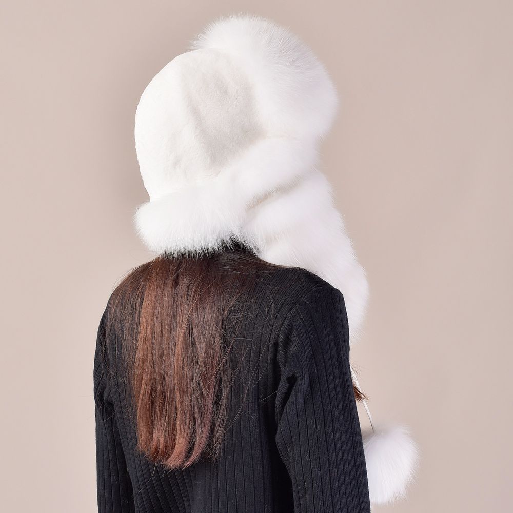 Large Fox Fur Trapper Hat Women's Winter Cold Weather Warm Pom-Pom Fur Hat