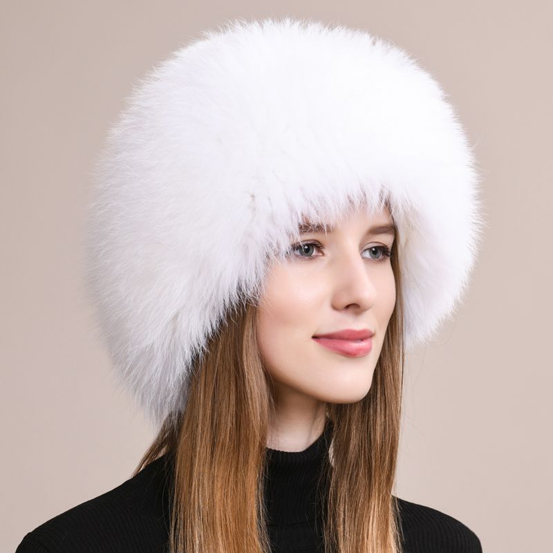 Real Fox Fur Beanie Hat for Women Knit Winter Hat with Full Fur Trim