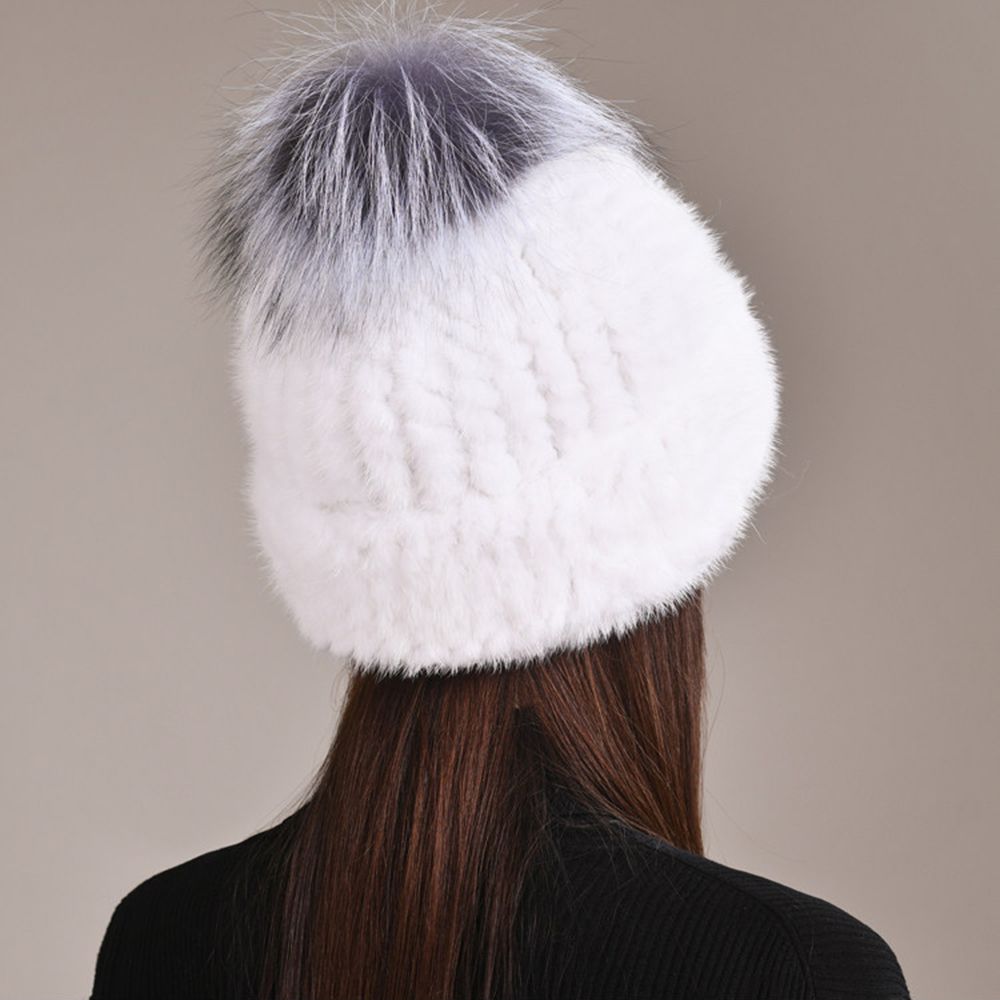 Luxury Real Mink Fur Beanie Hat with Fox Fur Pom-Pom Elegant Winter Knitted Hat for Women