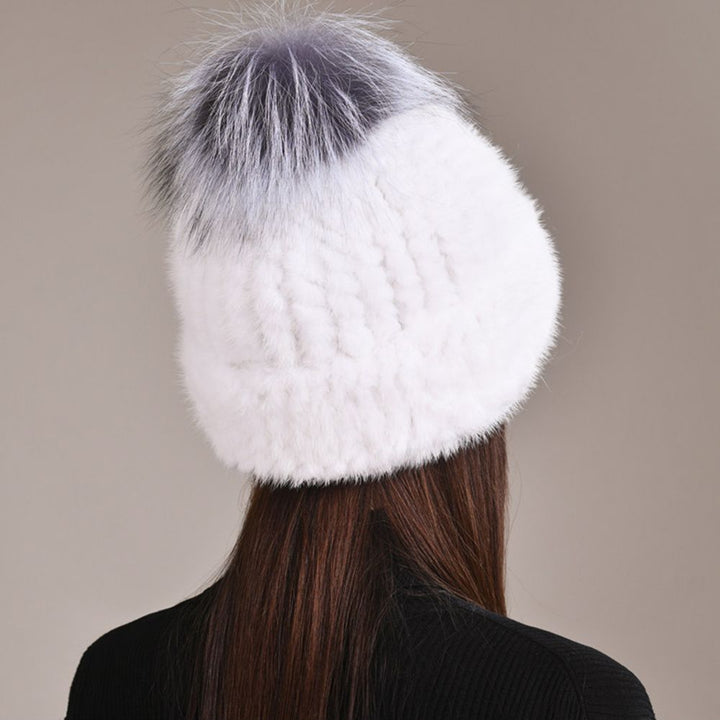 Luxury Real Mink Fur Beanie Hat with Fox Fur Pom-Pom Elegant Winter Knitted Hat for Women