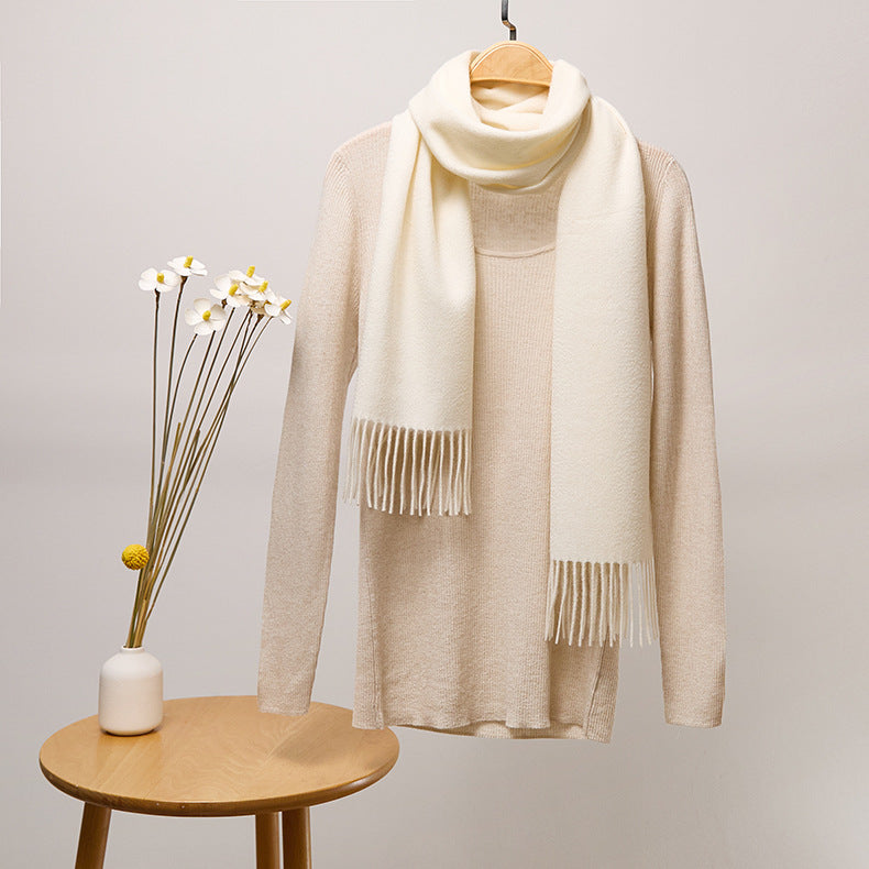 Basic Solid Color Long Cashmere Scarf with Tassels