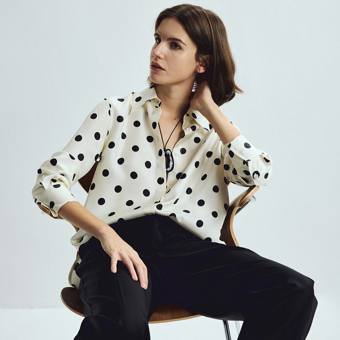 Women’s Polka Dots Printed Long Sleeve Button-Down Mulberry Silk Blouse Shirt