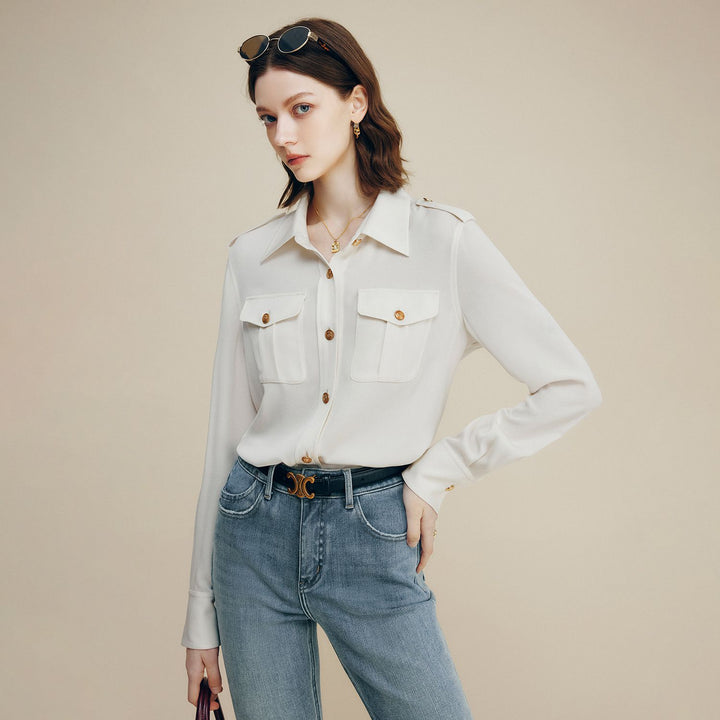 30 Momme Women’s Silk Crepe Utility Shirt with Flap Pockets