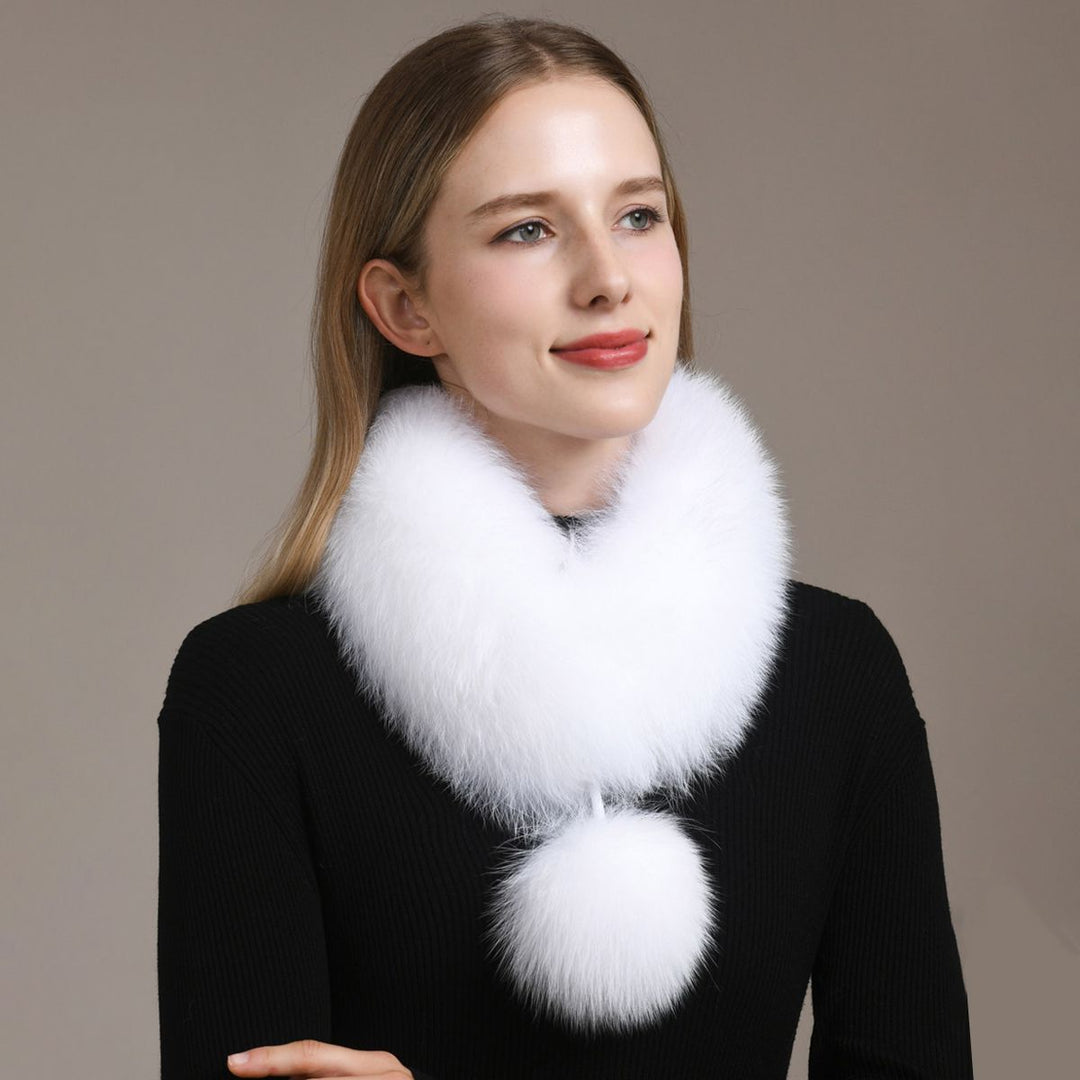 Women’s Real Fox Fur Scarf with Pom-Pom Genuine Fur Collar Neck Warmer