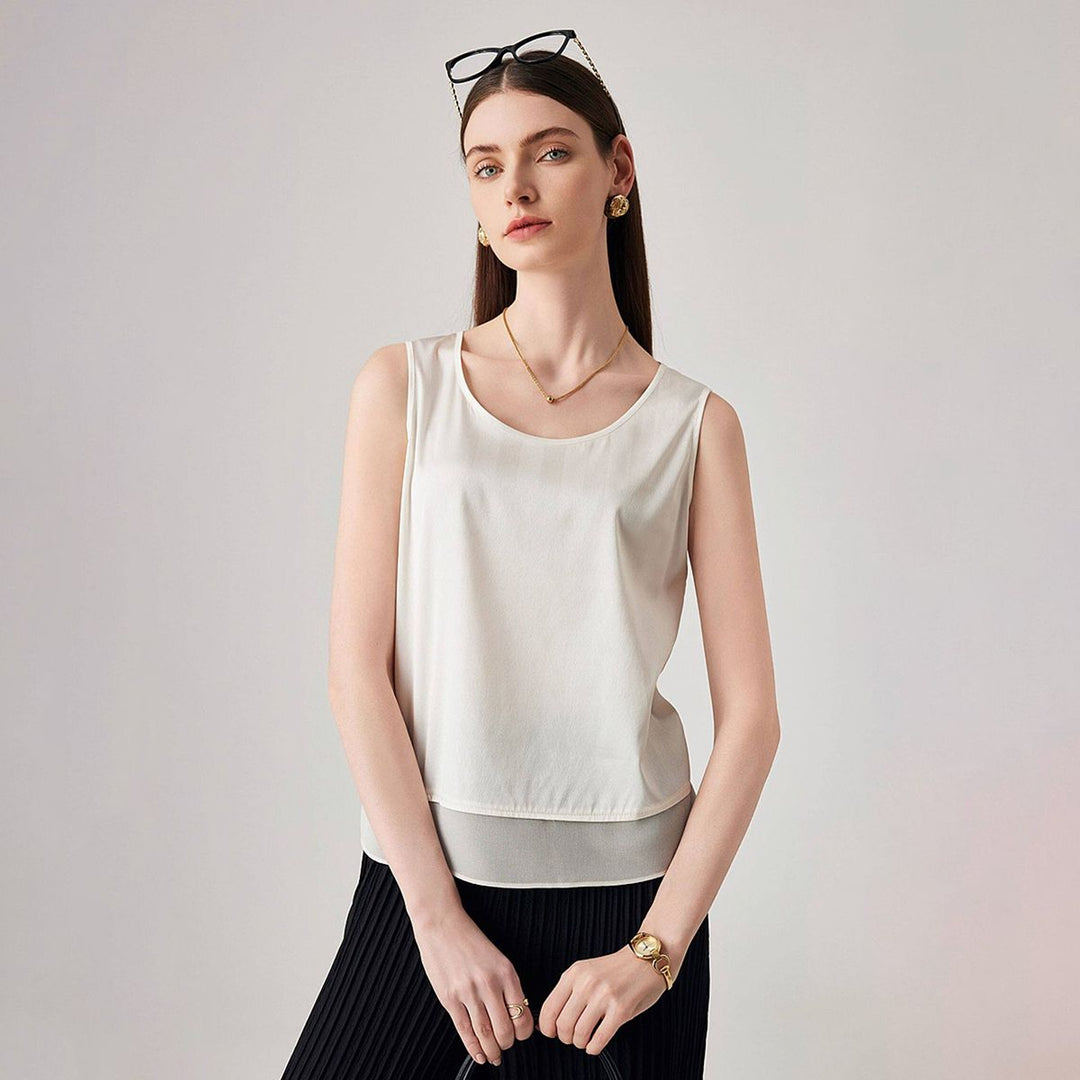Pure Mulberry Silk Tank Top with Sheer Patchwork Hem Elegant Sleeveless Silk Shell Blouse