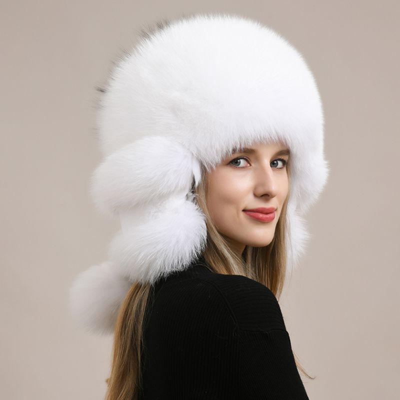 Luxury Oversized Two-Tone Real Fox Fur Pom Pom Hat Women Winter Warm Ushanka