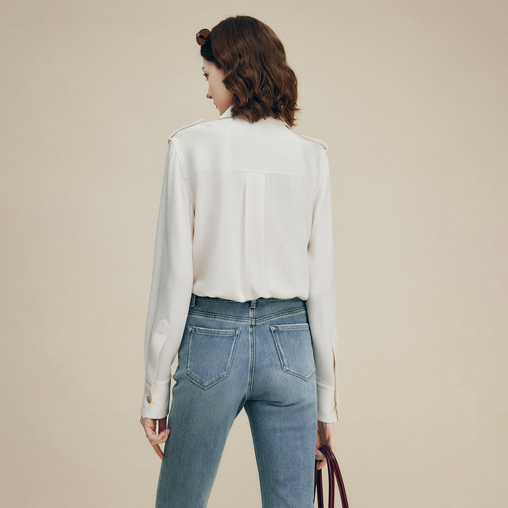 30 Momme Women’s Silk Crepe Utility Shirt with Flap Pockets