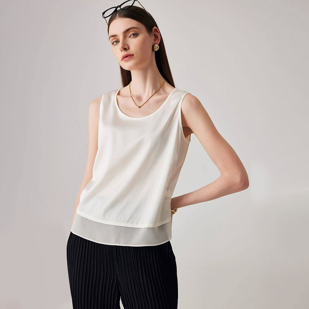 Pure Mulberry Silk Tank Top with Sheer Patchwork Hem Elegant Sleeveless Silk Shell Blouse