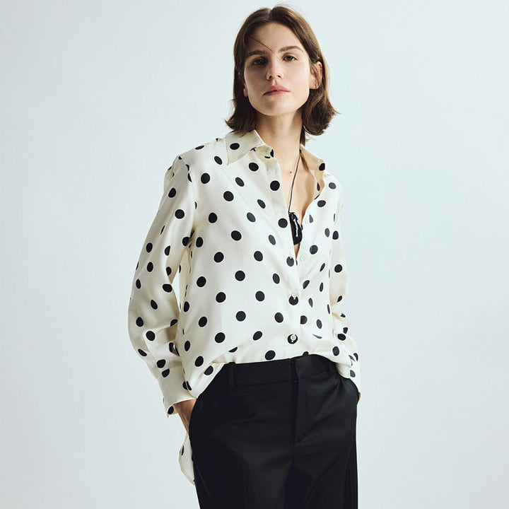 Women’s Polka Dots Printed Long Sleeve Button-Down Mulberry Silk Blouse Shirt