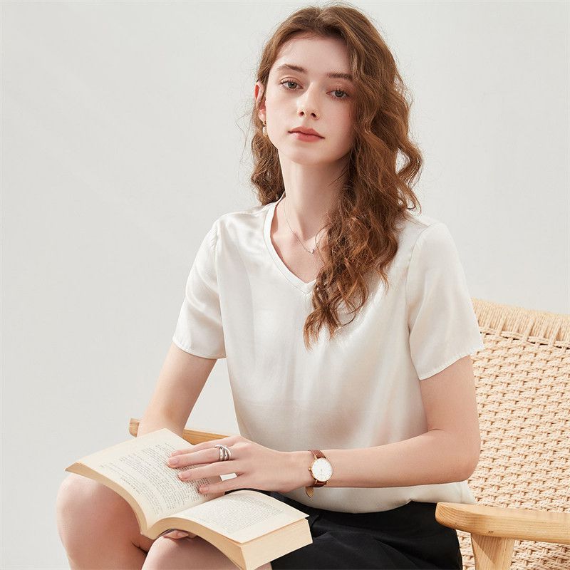 22 Momme Basic V-Neck Pure Mulberry Silk Short Sleeve T-Shirt