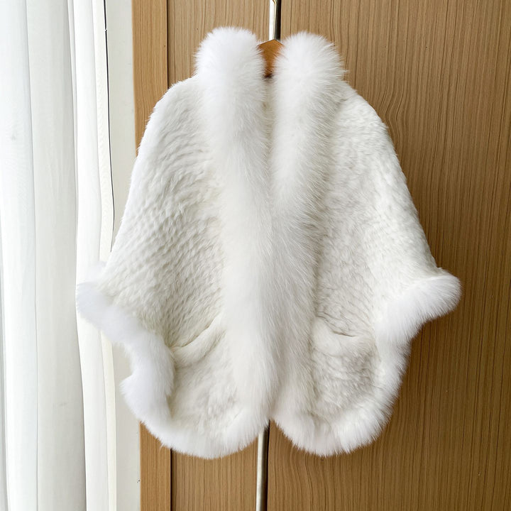 Winter Wedding Real Fox Fur Trimmed Rabbit Fur Knitted Shawl Wrap Cape