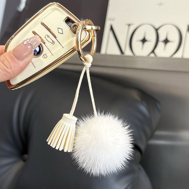 Real Mink Fur Pom Pom Tassel Keychain Fluffy Bag Charm Leather Key Ring