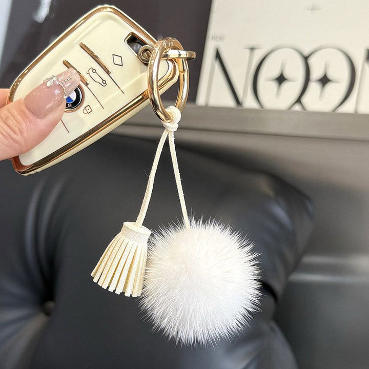Real Mink Fur Pom Pom Tassel Keychain Fluffy Bag Charm Leather Key Ring