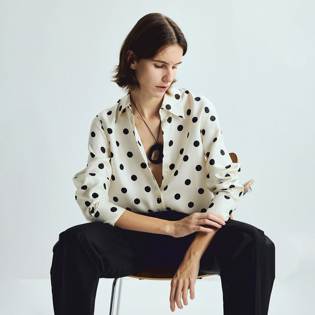 Women’s Polka Dots Printed Long Sleeve Button-Down Mulberry Silk Blouse Shirt