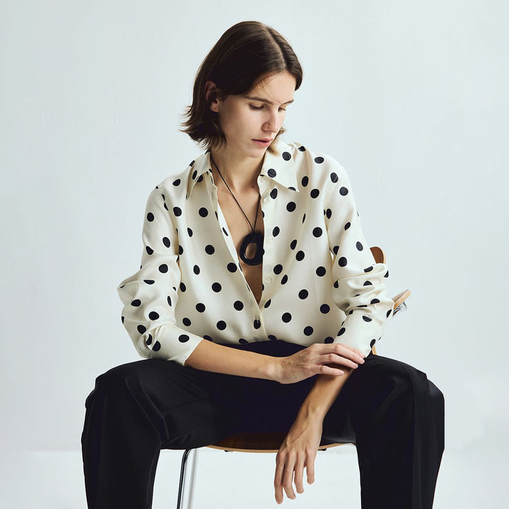 Women’s Polka Dots Printed Long Sleeve Button-Down Mulberry Silk Blouse Shirt