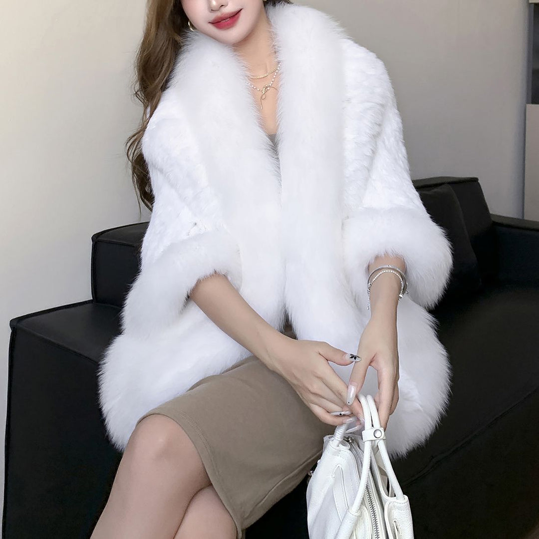 Women's Real Mink Fur Knitted Shawl Wrap with Pockets Fluffy Fox Fur Trimmed Cape