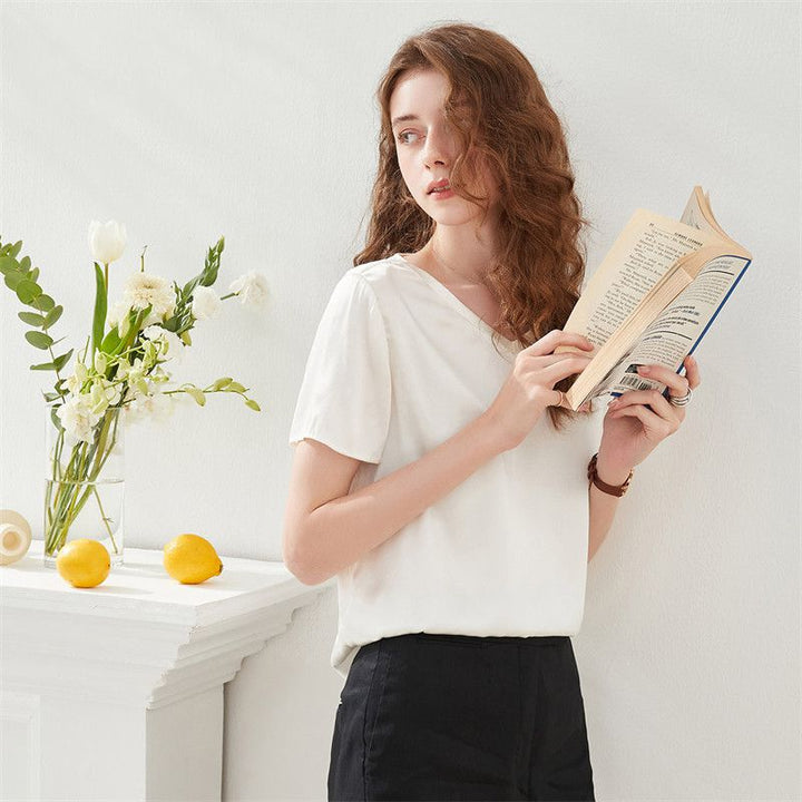 22 Momme Basic V-Neck Pure Mulberry Silk Short Sleeve T-Shirt