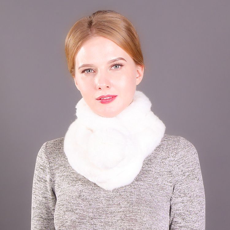 Luxury Real Rabbit Fur Collar Scarf with Pom-Pom Soft Winter Neck Warmer