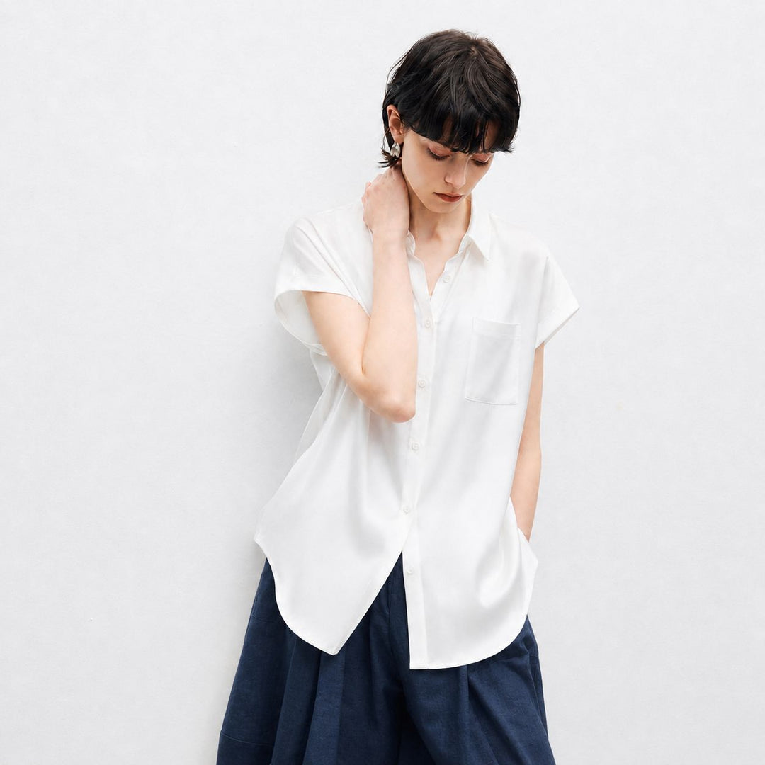 Relaxed Fit Luxury Mulberry Silk Cap Sleeve Shirt Blouse For Women