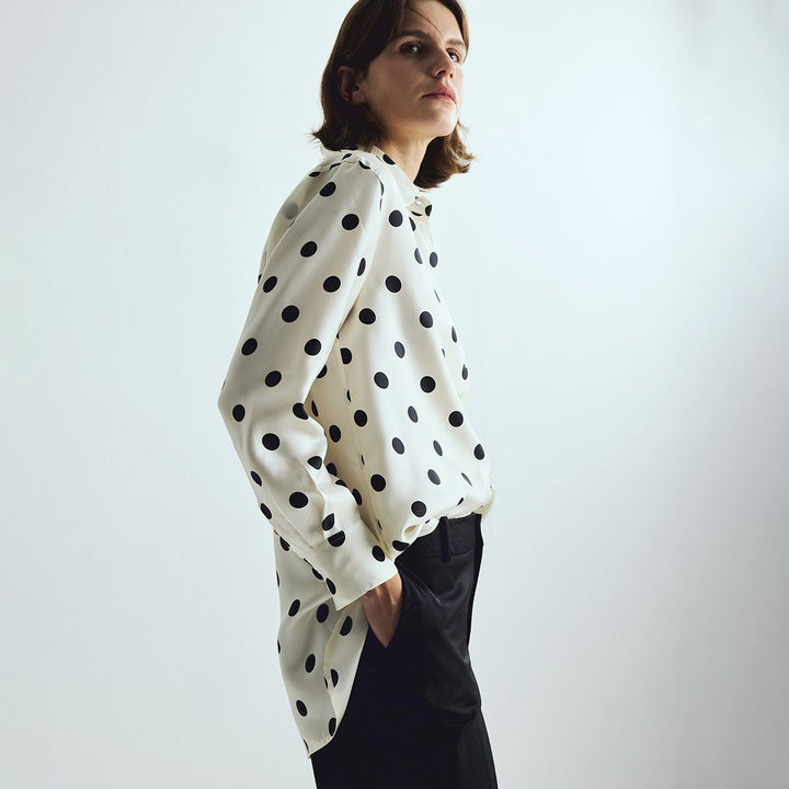Women’s Polka Dots Printed Long Sleeve Button-Down Mulberry Silk Blouse Shirt