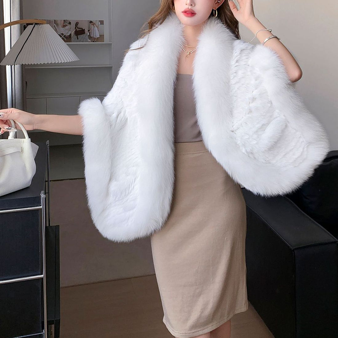 Women's Real Mink Fur Knitted Shawl Wrap with Pockets Fluffy Fox Fur Trimmed Cape
