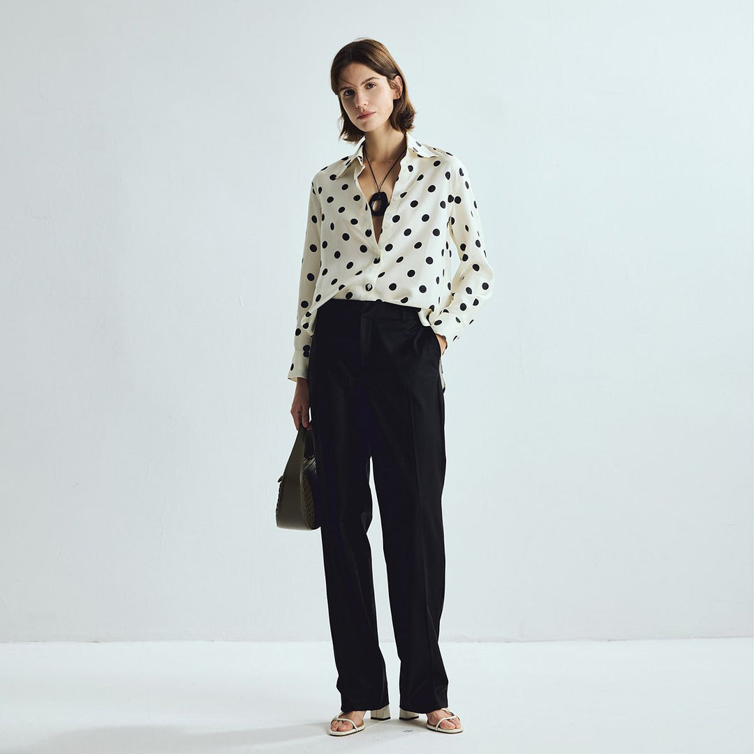 Women’s Polka Dots Printed Long Sleeve Button-Down Mulberry Silk Blouse Shirt