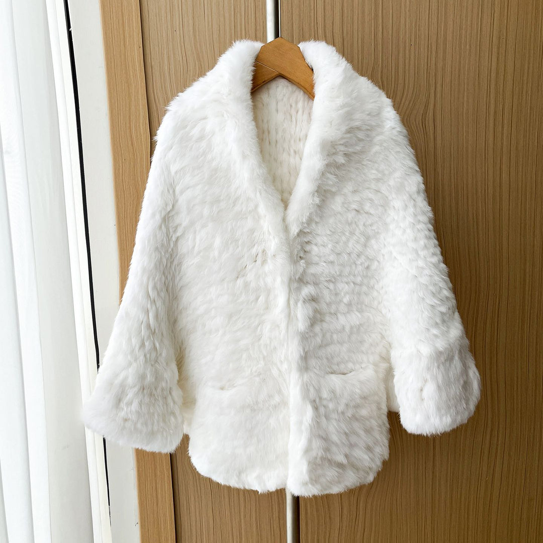 Rabbit Fur Knitted Shawl Wrap with Pockets Affordable Fur Coat