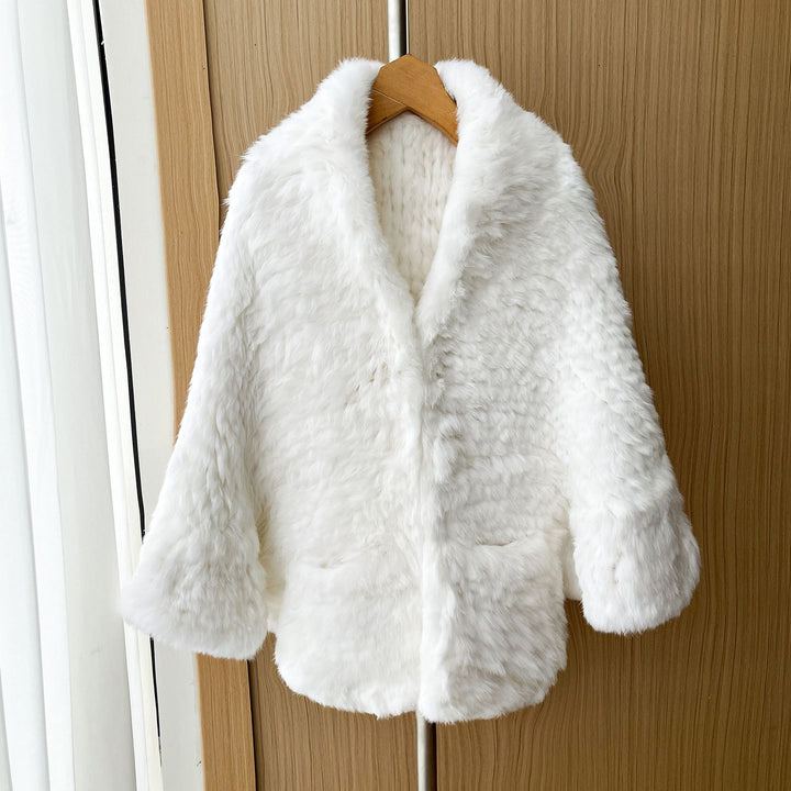 Rabbit Fur Knitted Shawl Wrap with Pockets Affordable Fur Coat