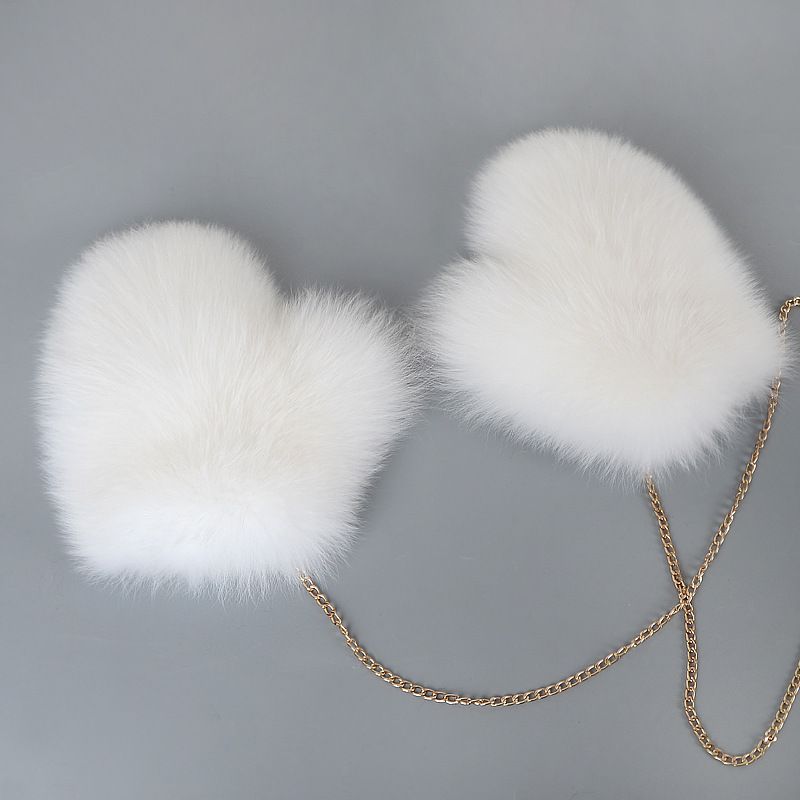 Luxury Real Fox Fur Mittens with Chain Strap Warm Winter Leather Fur Gloves for Women
