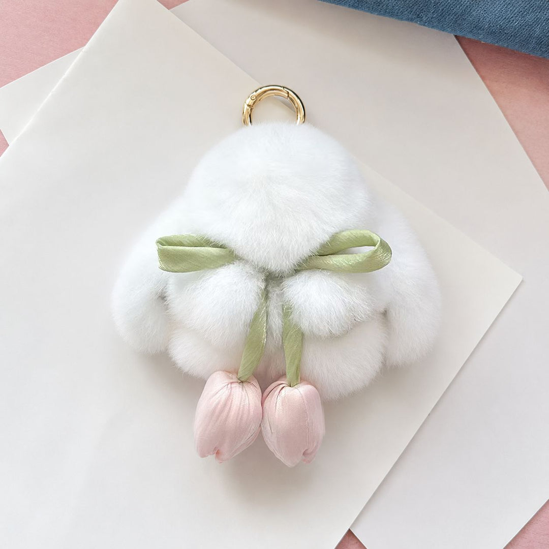 Cute Bunny Rabbit Fur Keychain with Tulip Charm Soft Plush Rabbit Bag Charm Key Ring Accessory