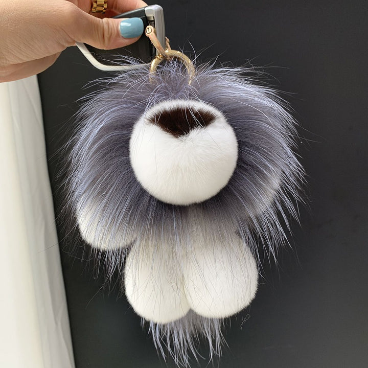 Real Fur Lion Keychain Handmade Fluffy Animal Bag Charm Luxury Fur Pom Pom Key Ring
