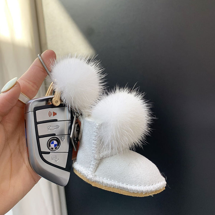 Real Mink Fur Glove & Boot Keychain Fluffy Pom Pom Bag Charm