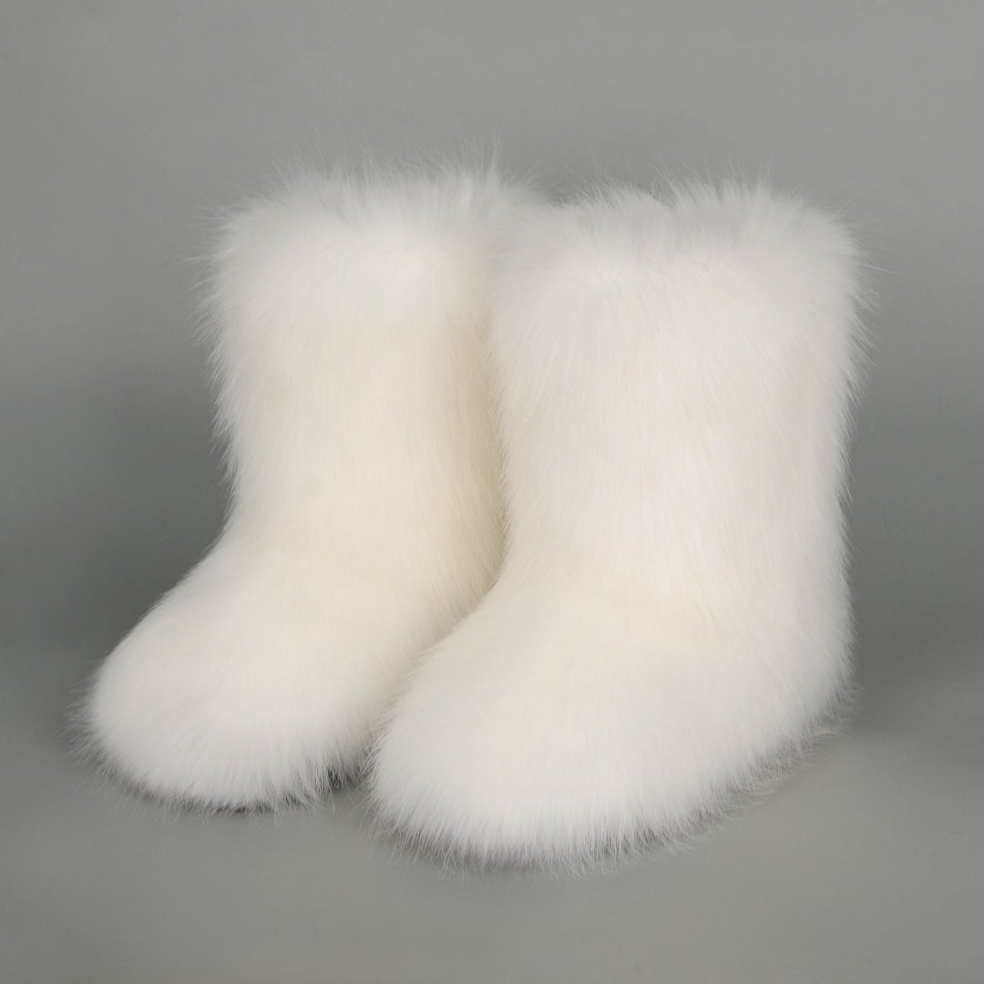 Faux Fox Fur Snow Boots for Women Winter Furry Cozy Slip-On Ankle Fur Boots