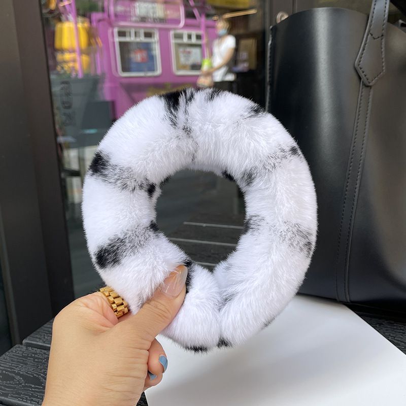 Real Rabbit Fur Headband Women's Soft Plush Leopard Print Hair Accessories