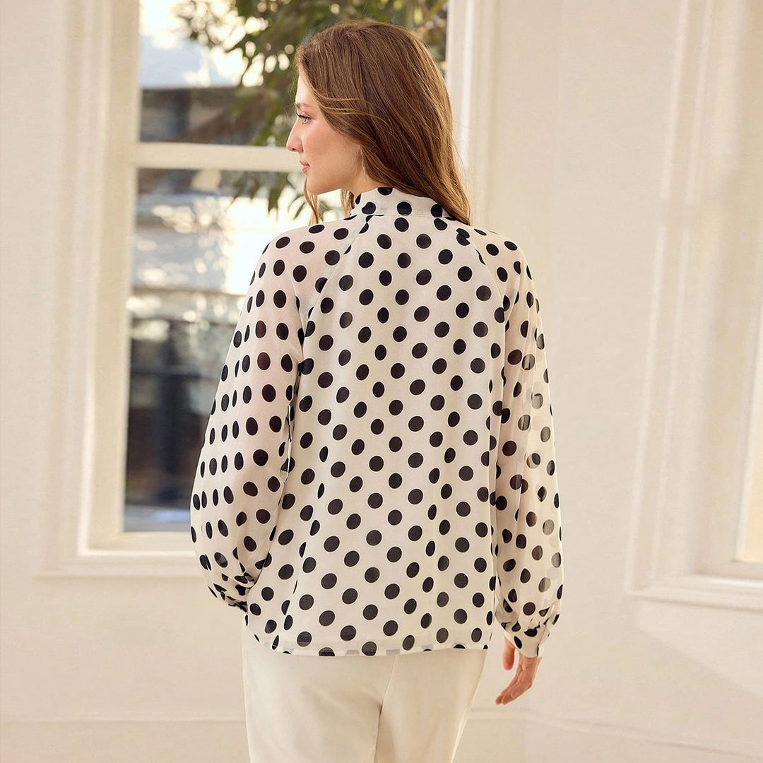 100% Silk Crepe Tie-Neck Blouse Polka Dot Long Sleeve Silk Shirt