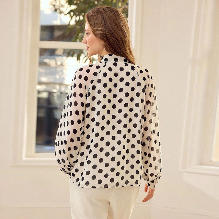 100% Silk Crepe Tie-Neck Blouse Polka Dot Long Sleeve Silk Shirt